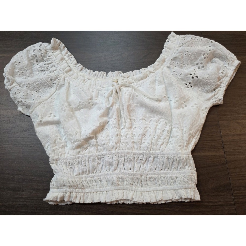 Monteau LA White Eyelet Smocked Puff Sleeve Crop Top Sz M NWOT Boho Cottagecore